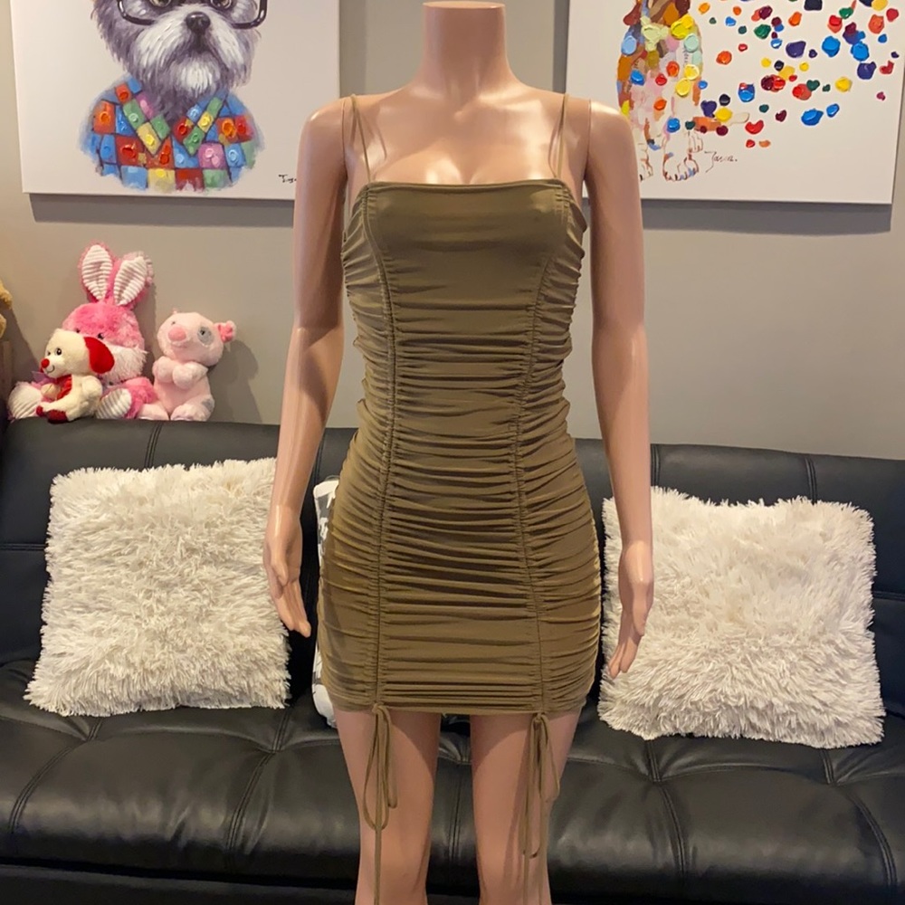 Mocha ruched double layered mini dress taupe